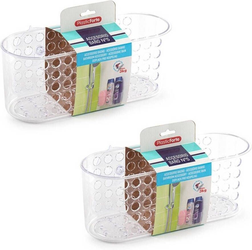 Forte Plastics 2x Plastic opberg bakjes met zuignappen van 26 x 12 cm Douche- en badrekjes