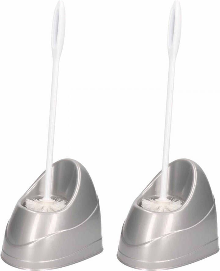 Forte Plastics 2x Zilveren toiletborstels wc-borstels met houder kunststof 45 cm Toiletborstels