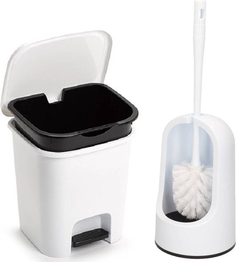 Forte Plastics WC- toiletborstel en houder wit met kleine pedaalemmer 7.5 liter Badkameraccessoireset