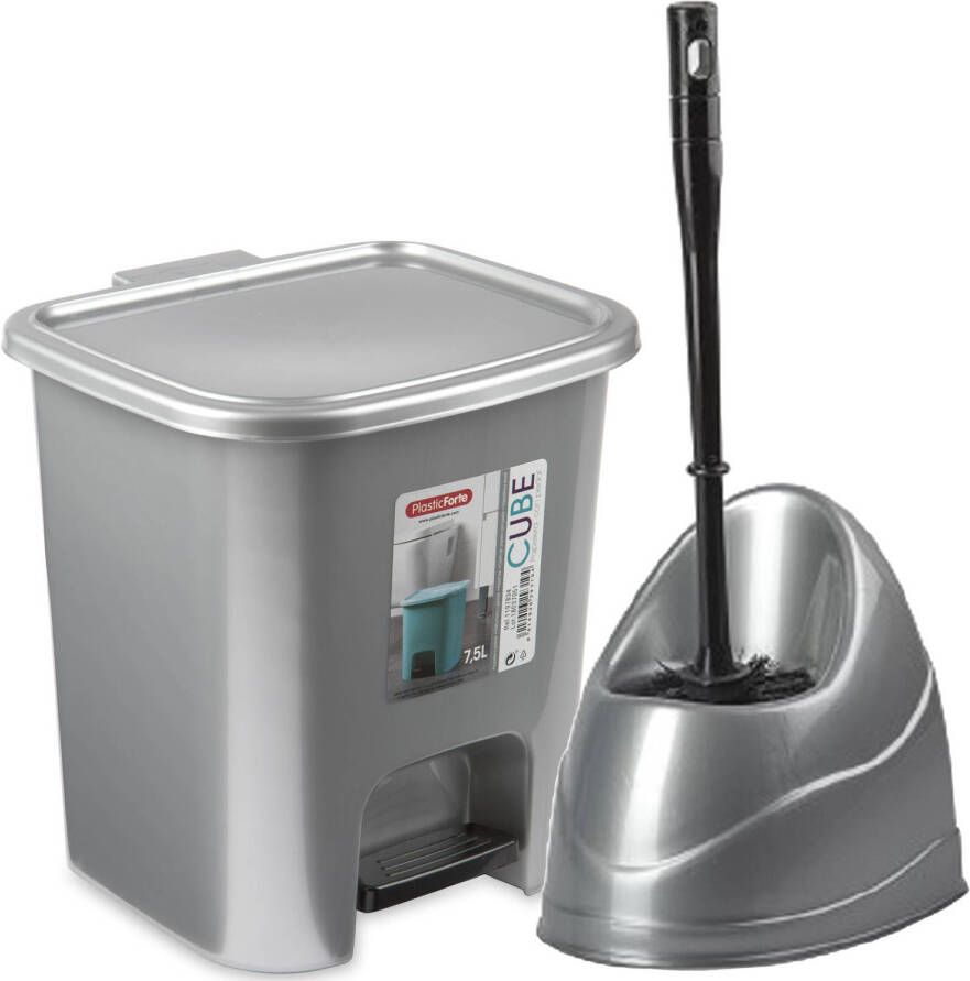 Forte Plastics WC- toiletborstel en houder zilver met kleine pedaalemmer 7.5 liter Badkameraccessoireset