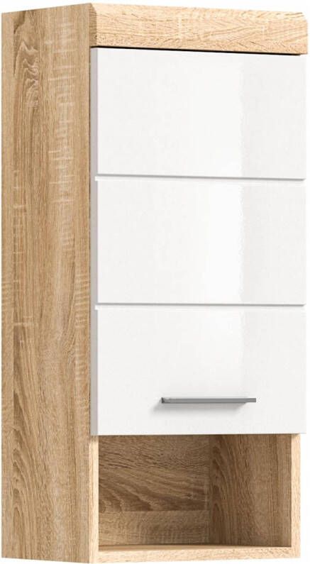 Hioshop Lambada badkamerkast wandmontage 1 deur 1 plank hoog glans wit eik decor.