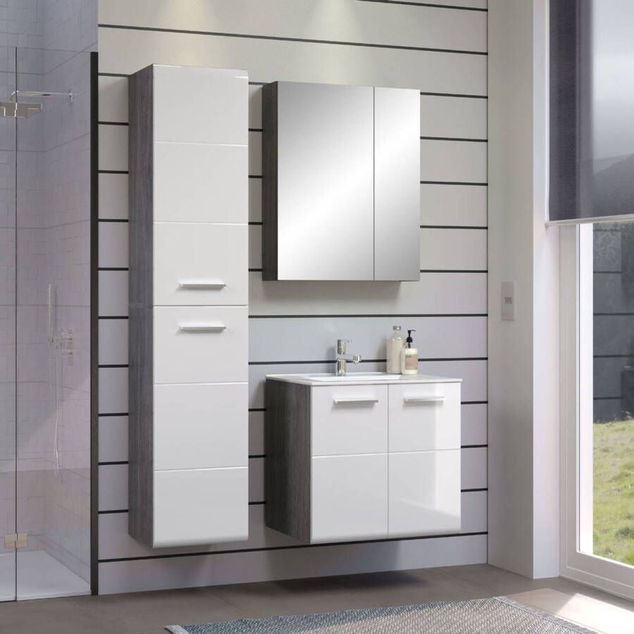 Hioshop Riva badkamer B met spiegelkast decor rookzilver wit hoogglans.