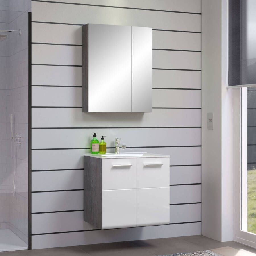 Hioshop Riva badkamer C met spiegelkast decor rookzilver wit hoogglans.