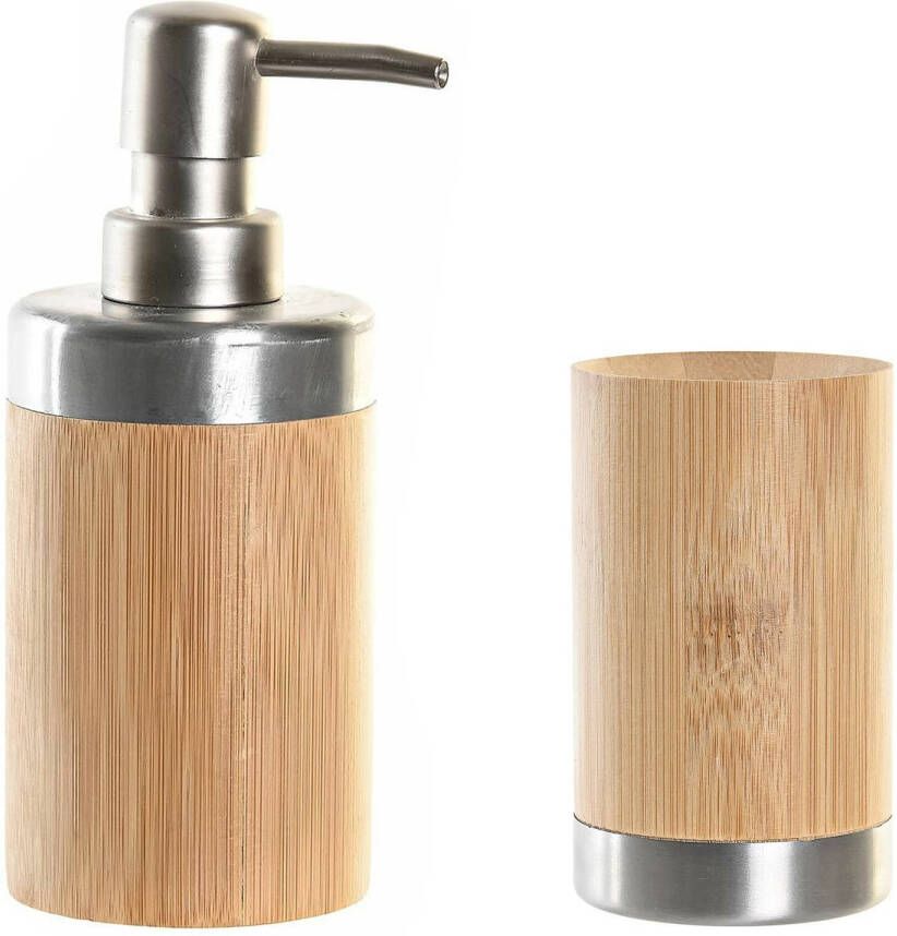 Items Badkamer accessoires setje drinkbeker en zeeppompje 17 cm bamboe zilver Zeeppompjes