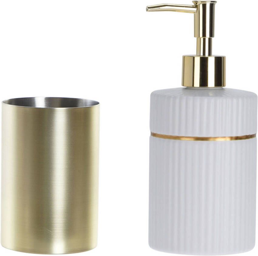 Items Badkamer accessoires setje drinkbeker en zeeppompje 19 cm wit goud Zeeppompjes