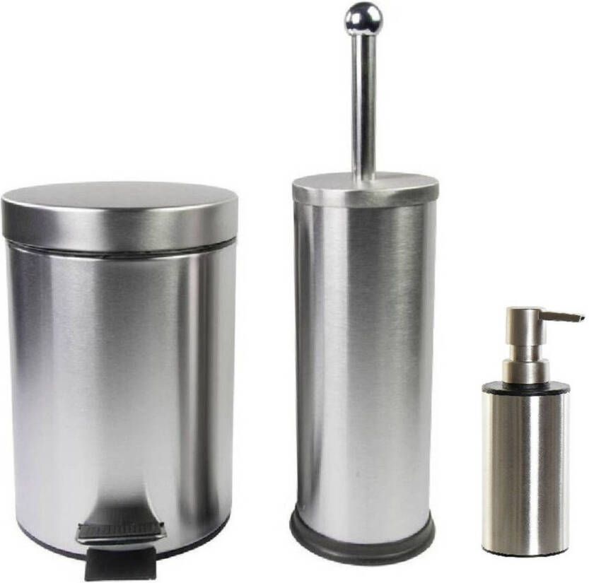 Items Toiletborstel houder zilver 38 cm met zeeppompje 300 ml en pedaalemmer metaal Badkameraccessoireset