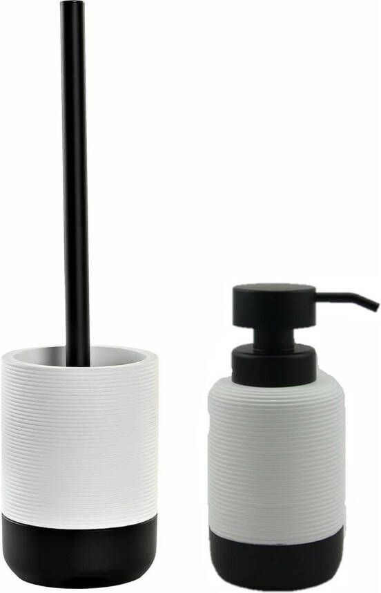 Items Toiletborstel met houder 38 cm en zeeppompje 300 ml keramiek wit zwart Badkameraccessoireset