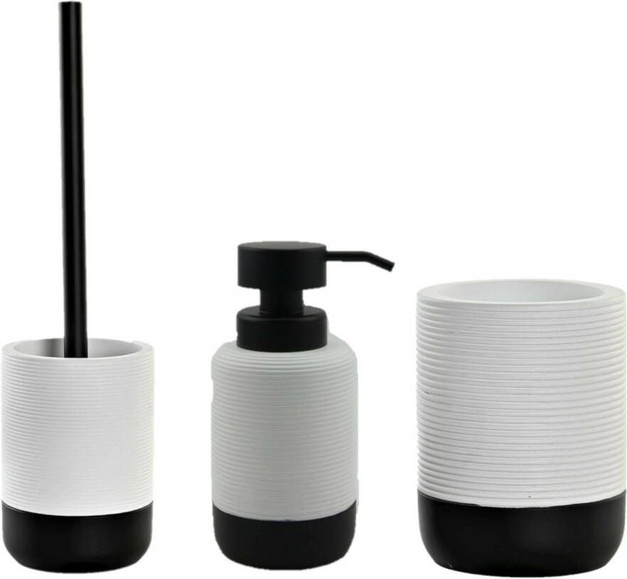 Items Toiletborstel met houder 38 cm en zeeppompje 300 ml polystone wit zwart Badkameraccessoireset
