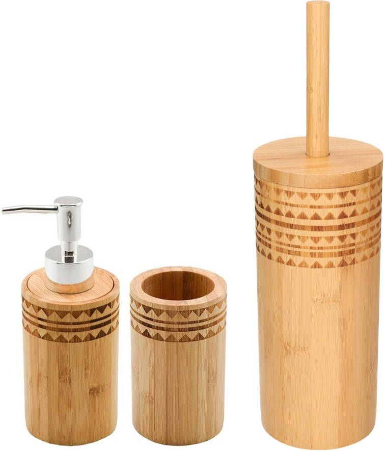 Items WC Toiletborstel met houder 24 cm en zeeppompje beker bamboe hout Badkameraccessoireset