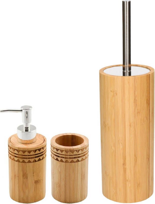 Items WC Toiletborstel met houder 37 cm en zeeppompje beker bamboe hout Badkameraccessoireset