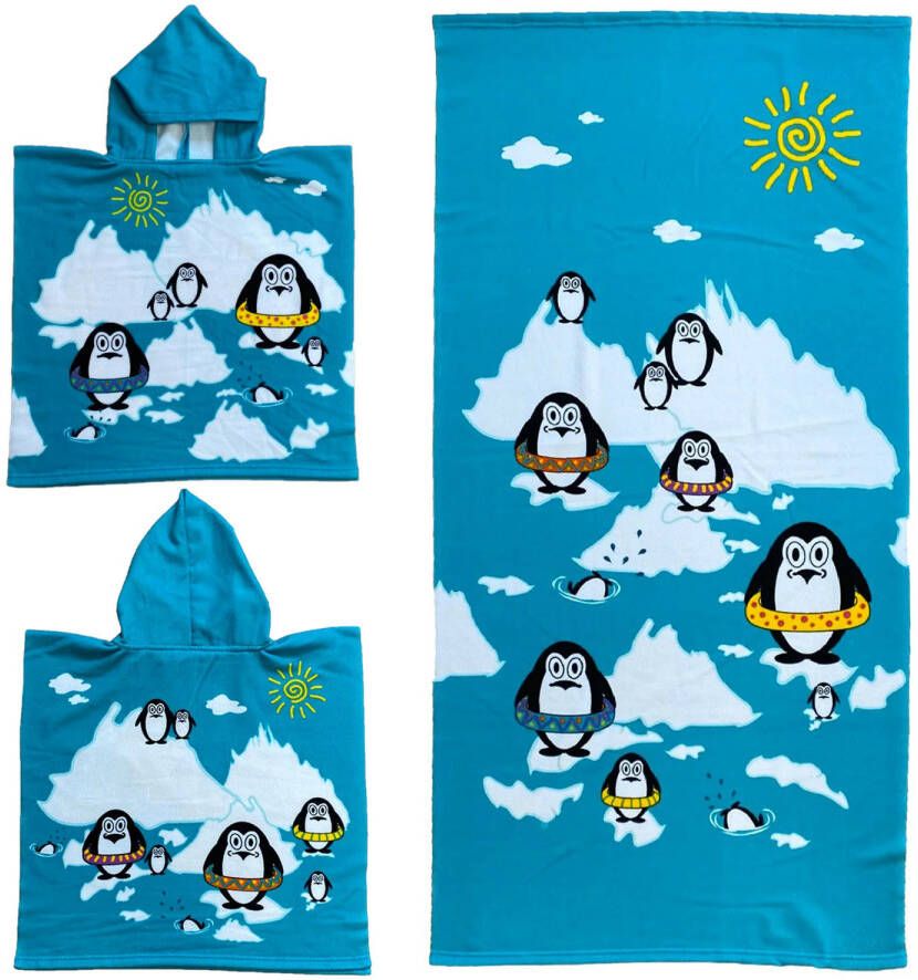 Le Comptoir Set van bad cape poncho met strand badlaken microvezel Strandhanddoeken voor kinderen met pinguins Badcapes