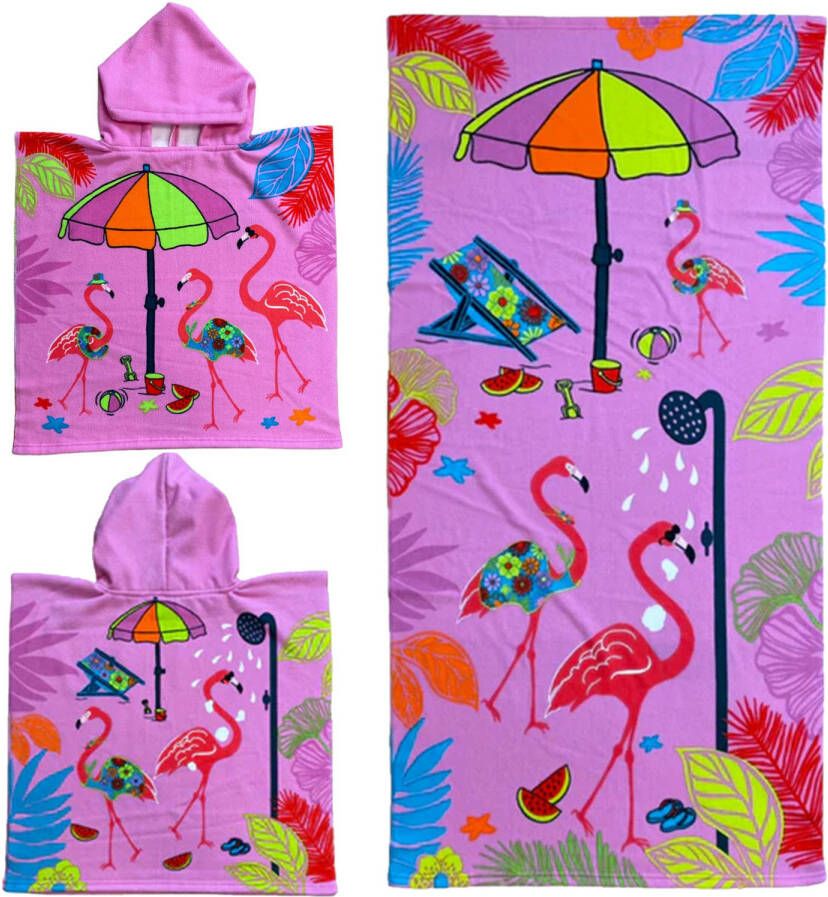 Le Comptoir Set van bad cape poncho met strand badlaken microvezel Strandhanddoeken voor kinderen met flamingo Badcapes