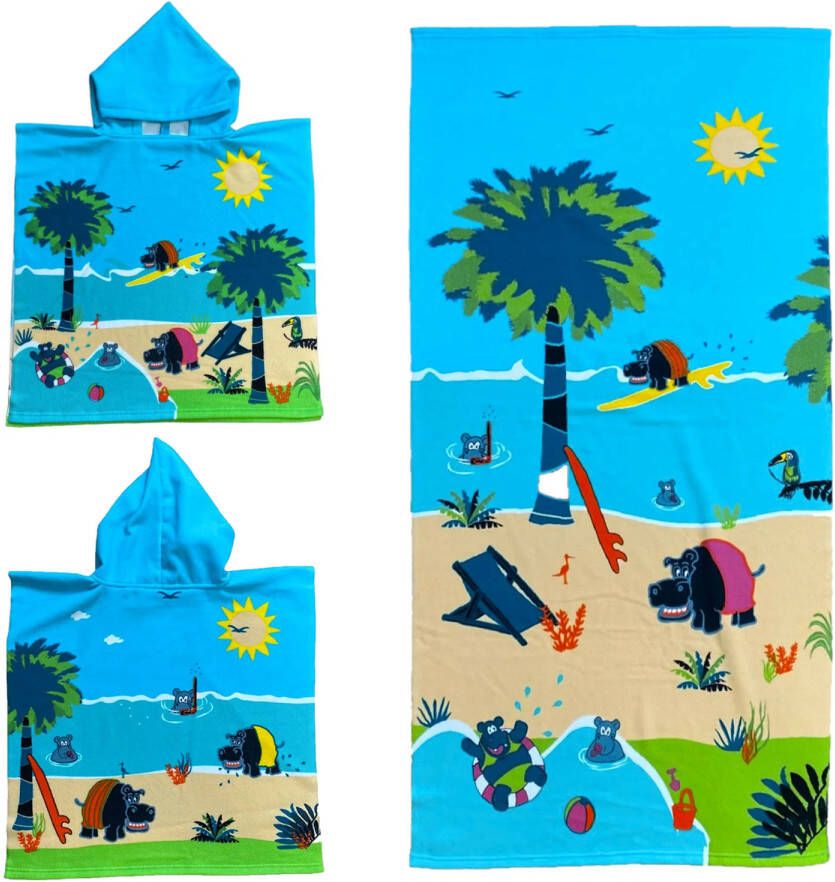 Le Comptoir Set van bad cape poncho met strand badlaken microvezel voor kinderen met nijlpaard Badcapes