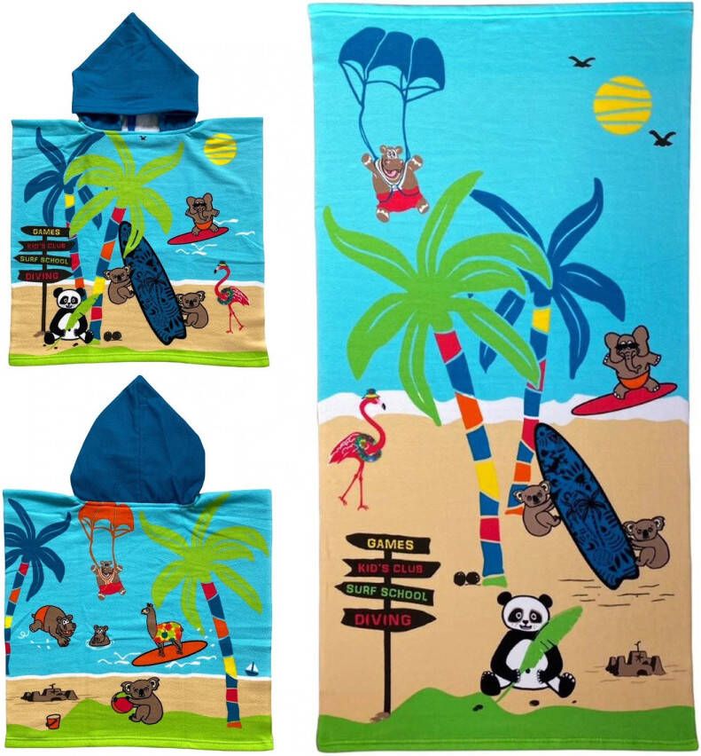 Le Comptoir Set van bad cape poncho met strand badlaken voor kinderen dieren print microvezel Badcapes