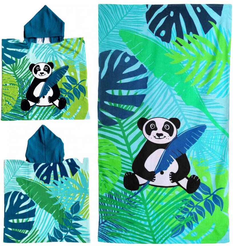 Le Comptoir Set van bad cape poncho met strand badlaken voor kinderen panda print microvezel Badcapes
