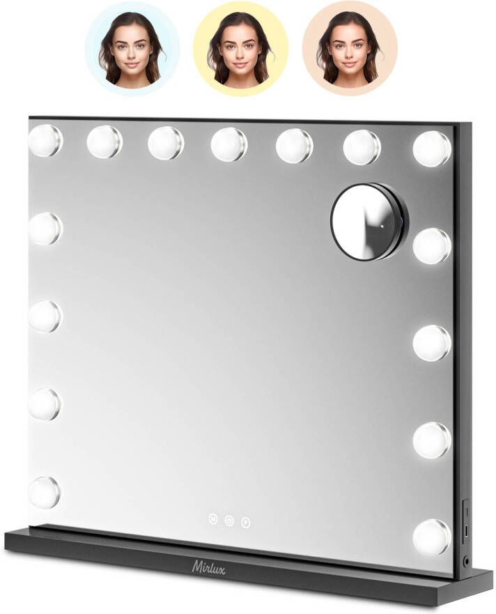 Mirlux Hollywood Make Up Spiegel LED Verlichting 10x Zoom Ophangbaar Zwart Bluetooth 58x48cm