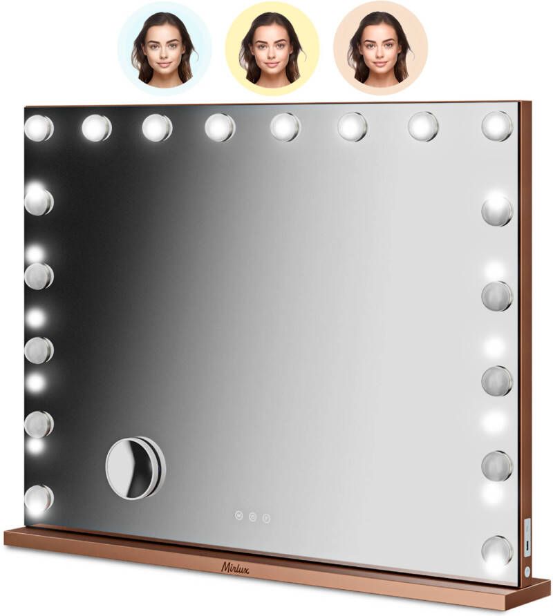 Mirlux Hollywood Make Up Spiegel LED Verlichting Bluetooth Speakers 10x Zoom Ophangbaar Rosé Goud 80x60cm