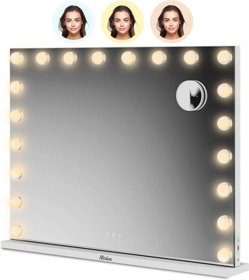 Mirlux Hollywood Make Up Spiegel LED Verlichting Bluetooth Speakers 10x Zoom Ophangbaar Wit 80x60cm