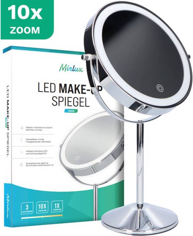 Mirlux Make Up Spiegel met LED Verlichting 10x Vergroting 3 Lichtstanden Oplaadbaar Chroom