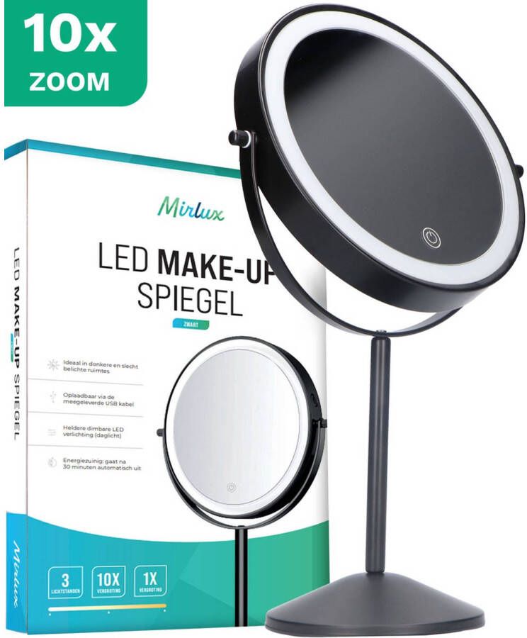 Mirlux Make Up Spiegel met LED Verlichting 10x Vergroting 3 Lichtstanden Oplaadbaar Zwart