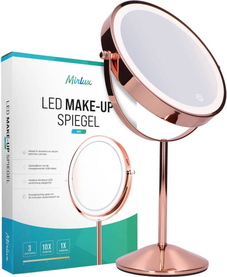 Mirlux Make Up Spiegel met LED Verlichting 10x Vergroting Scheerspiegel 3 Lichtstanden Oplaadbaar Rosé Goud