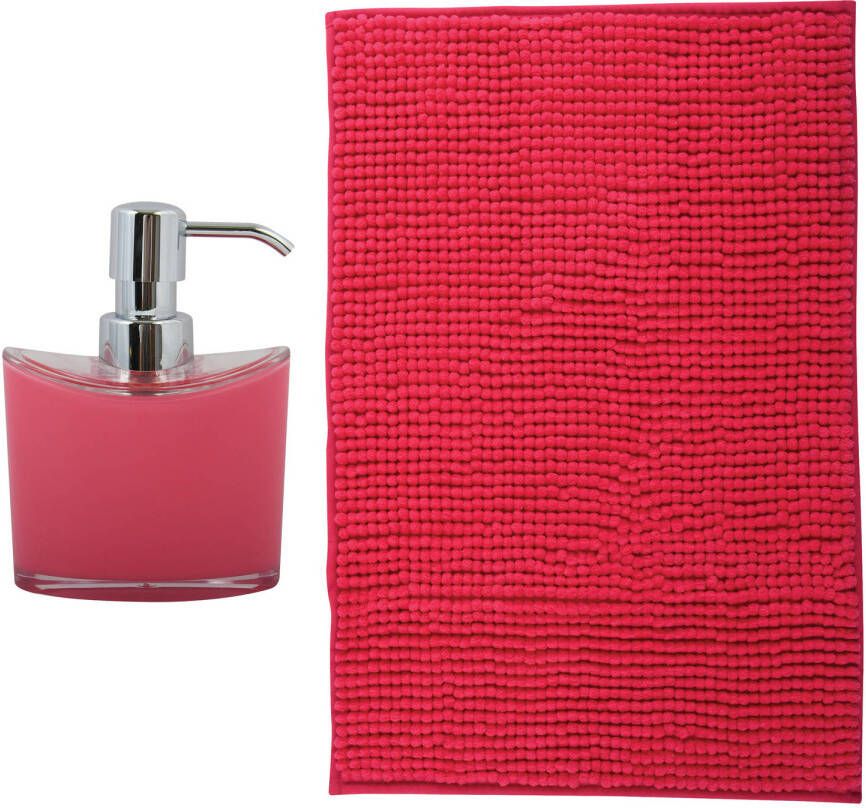 MSV badkamer droogloop mat Bolzano 40 x 60 cm met bijpassend zeeppompje fuchsia roze Badmatjes