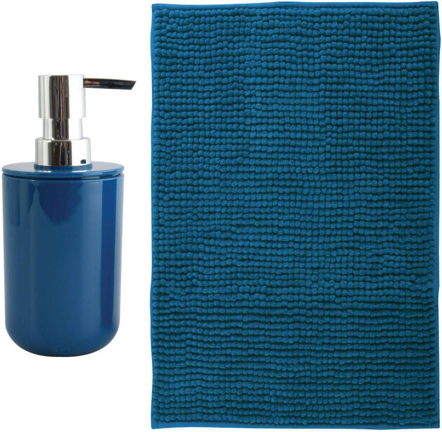 MSV badkamer droogloop mat Genua 50 x 80 cm met bijpassend zeeppompje donkerblauw Badmatjes