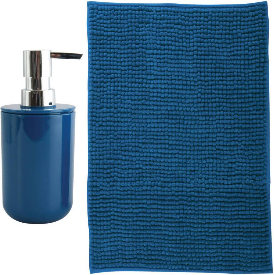 MSV badkamer droogloop mat Milano 40 x 60 cm met bijpassend zeeppompje donkerblauw Badmatjes