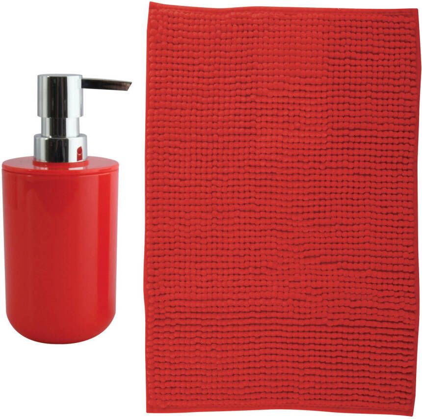 MSV badkamer droogloop mat Milano 40 x 60 cm met bijpassend zeeppompje rood Badmatjes