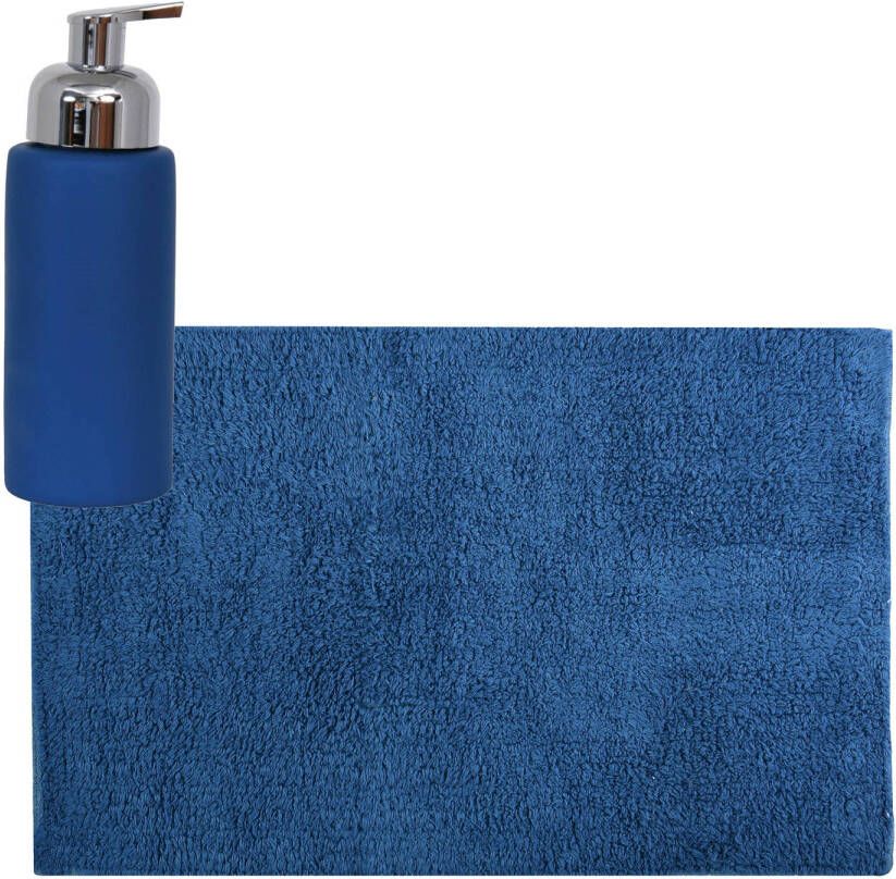 MSV badkamer droogloop mat tapijt 40 x 60 cm met zelfde kleur zeeppompje 250 ml donkerblauw Badmatjes