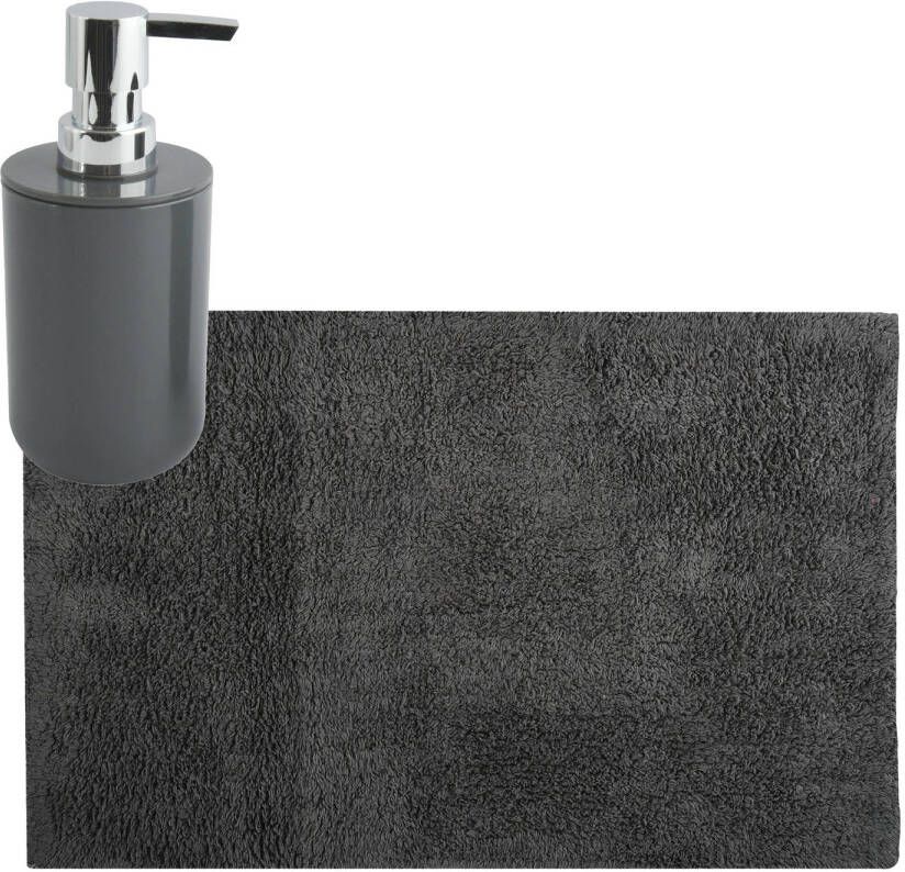 MSV badkamer droogloop mat tapijt 40 x 60 cm met zelfde kleur zeeppompje 260 ml donkergrijs Badmatjes