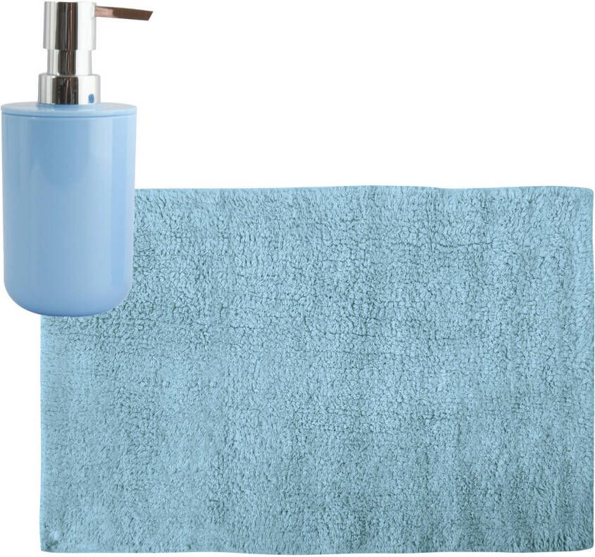 MSV badkamer droogloop mat tapijt 40 x 60 cm met zelfde kleur zeeppompje 260 ml lichtblauw Badmatjes