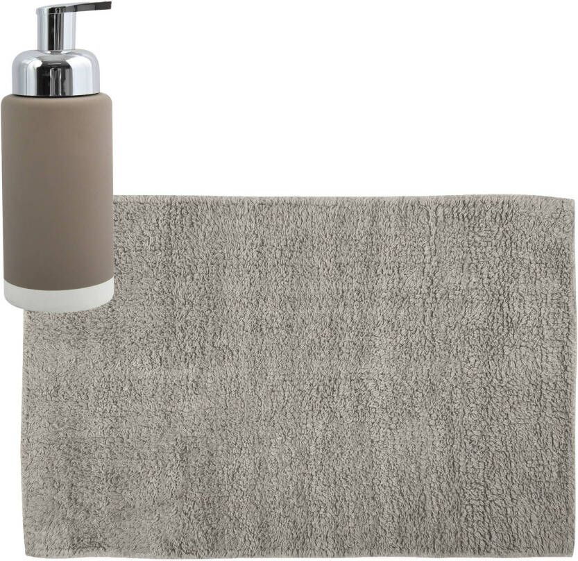 MSV badkamer droogloop mat tapijt 40 x 60 cm met zelfde kleur zeeppompje 275 ml beige Badmatjes