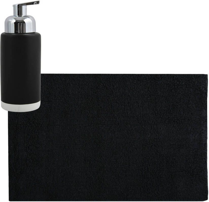 MSV badkamer droogloop mat tapijt 40 x 60 cm met zelfde kleur zeeppompje 275 ml zwart Badmatjes