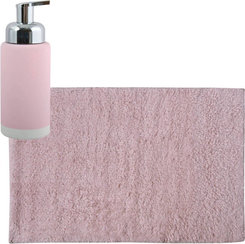 MSV badkamer droogloop mat tapijt 40 x 60 cm met zelfde kleur zeeppompje 300 ml lichtroze Badmatjes
