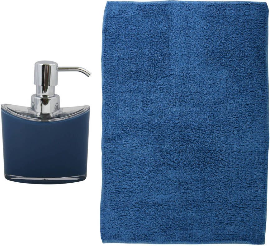 MSV badkamer droogloop mat tapijt Bologna 45 x 70 cm bijpassende kleur zeeppompje donkerblauw Badmatjes