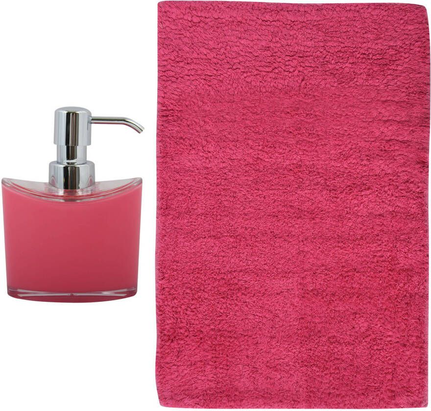 MSV badkamer droogloop mat tapijt Bologna 45 x 70 cm bijpassende kleur zeeppompje fuchsia roze Badmatjes
