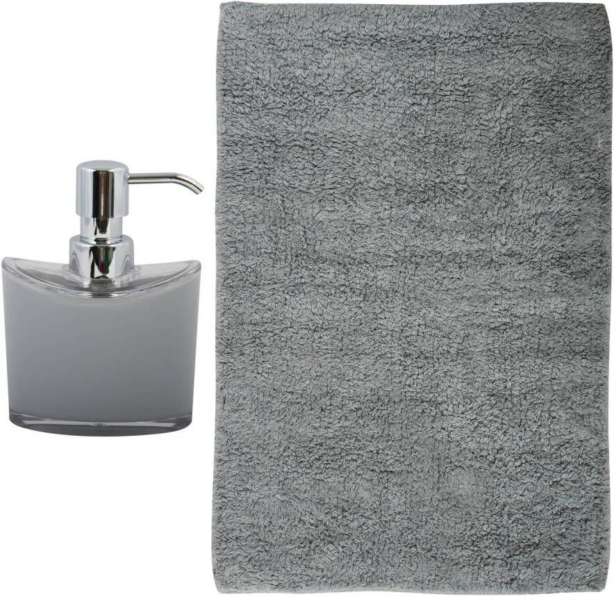 MSV badkamer droogloop mat tapijt Bologna 45 x 70 cm bijpassende kleur zeeppompje grijs Badmatjes