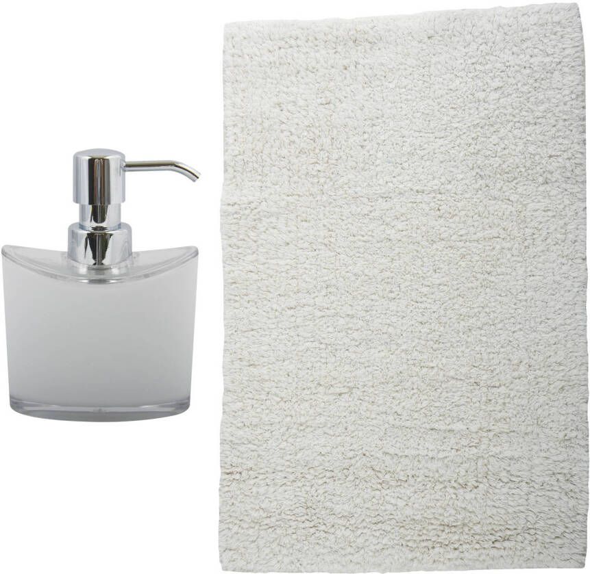 MSV badkamer droogloop mat tapijt Bologna 45 x 70 cm bijpassende kleur zeeppompje ivoor wit Badmatjes