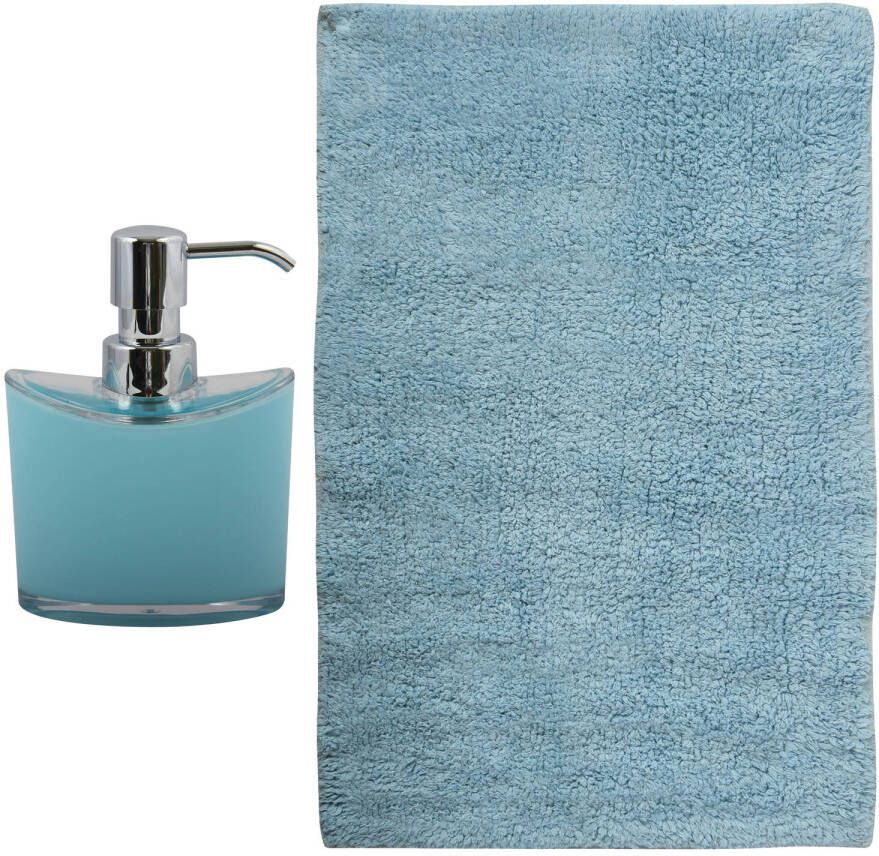 MSV badkamer droogloop mat tapijt Bologna 45 x 70 cm bijpassende kleur zeeppompje lichtblauw Badmatjes