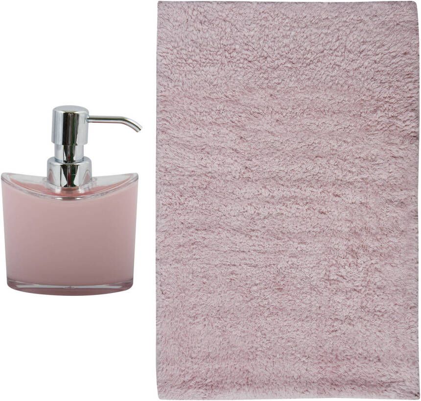 MSV badkamer droogloop mat tapijt Bologna 45 x 70 cm bijpassende kleur zeeppompje lichtroze Badmatjes