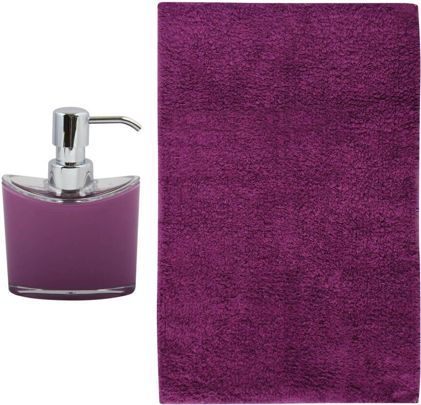 MSV badkamer droogloop mat tapijt Bologna 45 x 70 cm bijpassende kleur zeeppompje paars Badmatjes