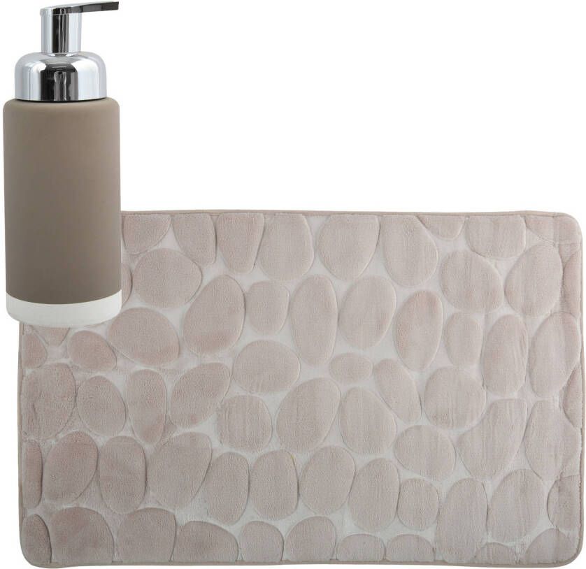 MSV badkamer droogloop mat tapijt Kiezel 50 x 80 cm zelfde kleur zeeppompje beige Badmatjes