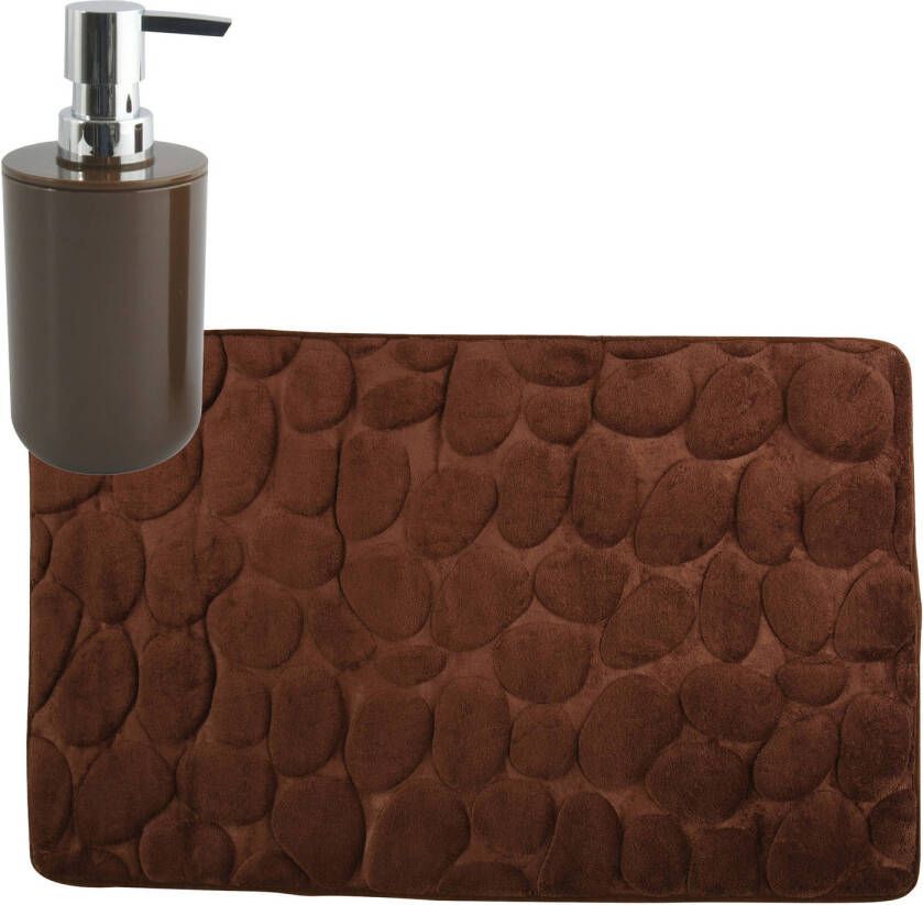 MSV badkamer droogloop mat tapijt Kiezel 50 x 80 cm zelfde kleur zeeppompje bruin Badmatjes