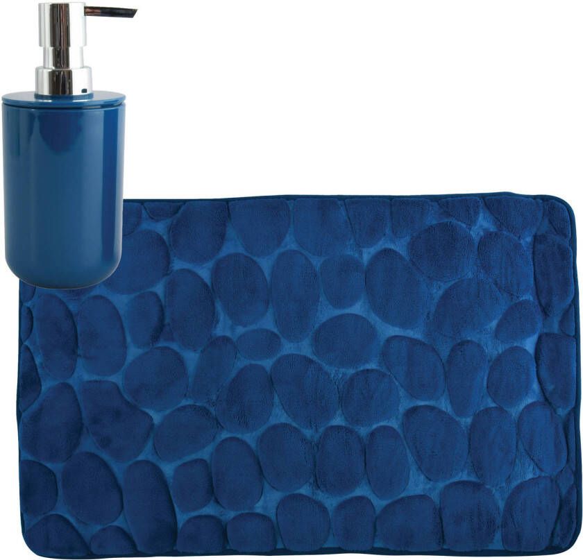 MSV badkamer droogloop mat tapijt Kiezel 50 x 80 cm zelfde kleur zeeppompje donkerblauw Badmatjes