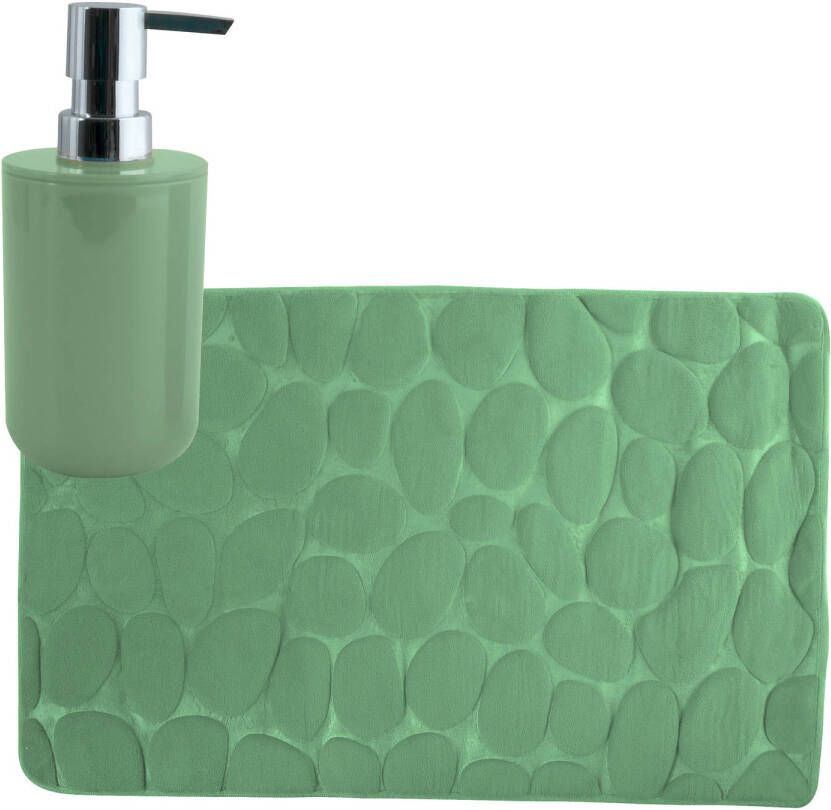MSV badkamer droogloop mat tapijt Kiezel 50 x 80 cm zelfde kleur zeeppompje groen Badmatjes