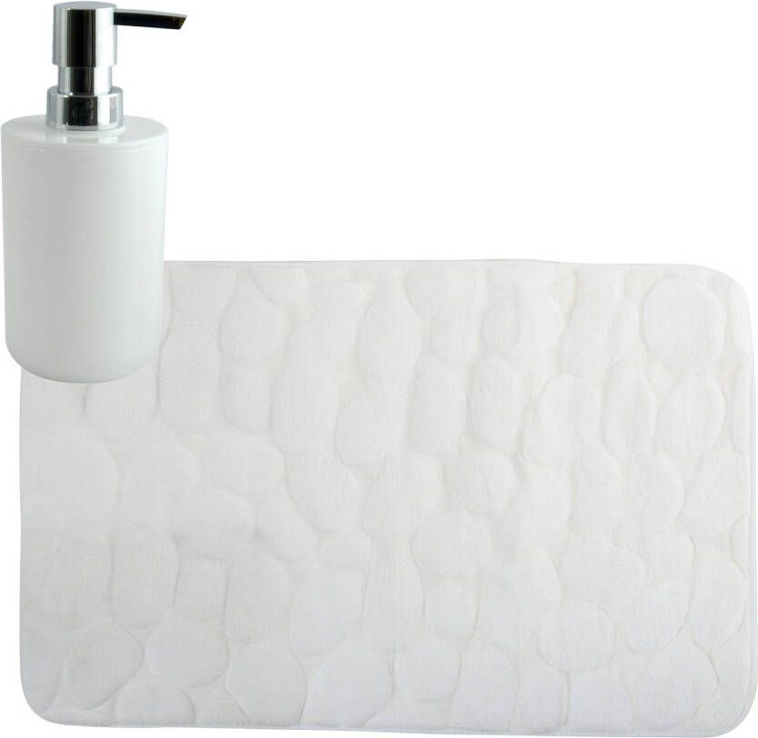 MSV badkamer droogloop mat tapijt Kiezel 50 x 80 cm zelfde kleur zeeppompje ivoor wit Badmatjes