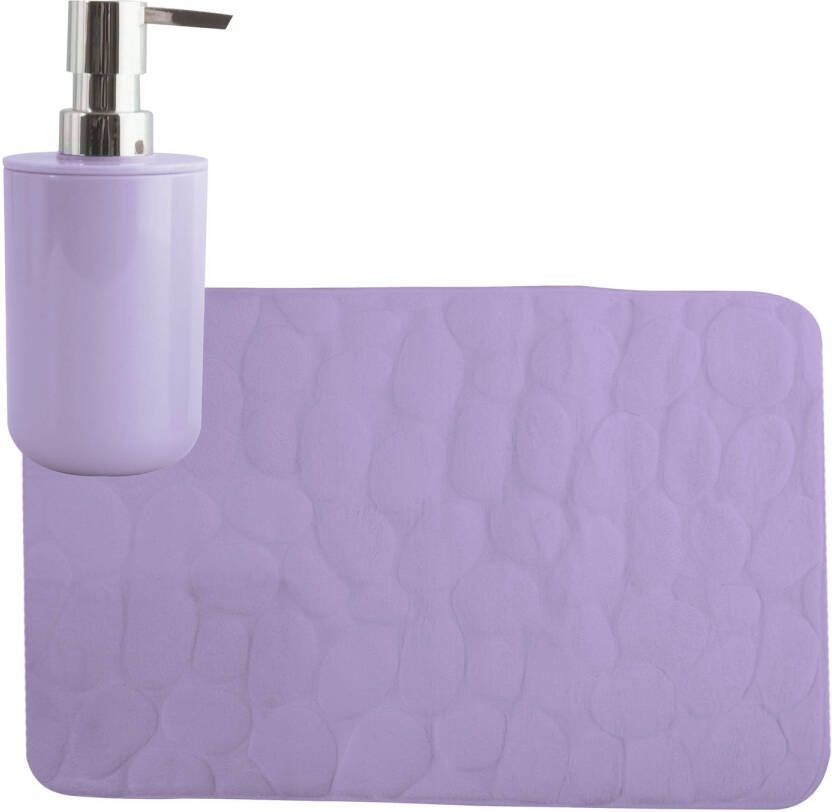 MSV badkamer droogloop mat tapijt Kiezel 50 x 80 cm zelfde kleur zeeppompje lila paars Badmatjes