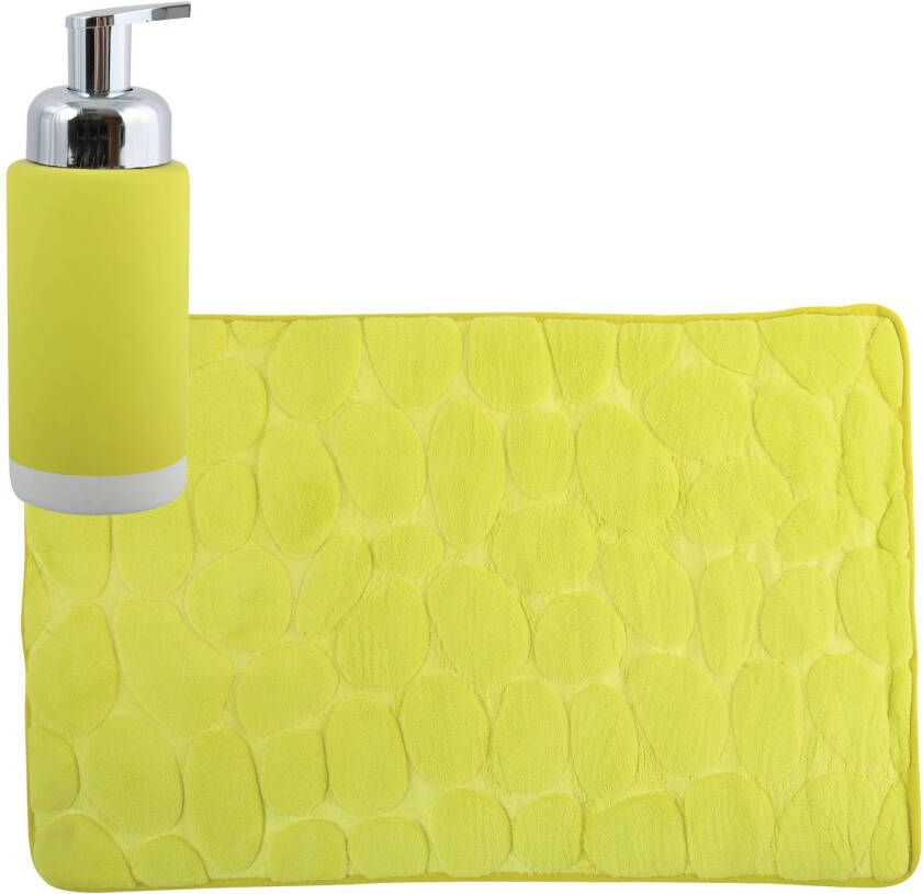 MSV badkamer droogloop mat tapijt Kiezel 50 x 80 cm zelfde kleur zeeppompje limegroen Badmatjes