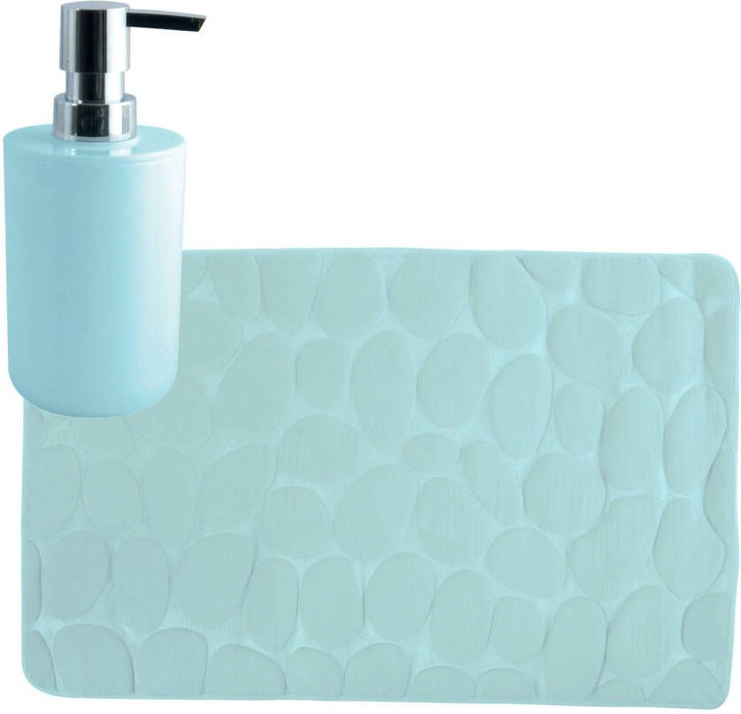 MSV badkamer droogloop mat tapijt Kiezel 50 x 80 cm zelfde kleur zeeppompje mintgroen Badmatjes
